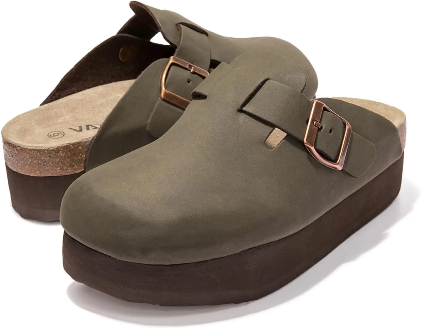 Women's Suede Clogs Cork Footbed Sandals Comfort Platform Mules with Arch Support Adjustable Buckle Slip On Slippers