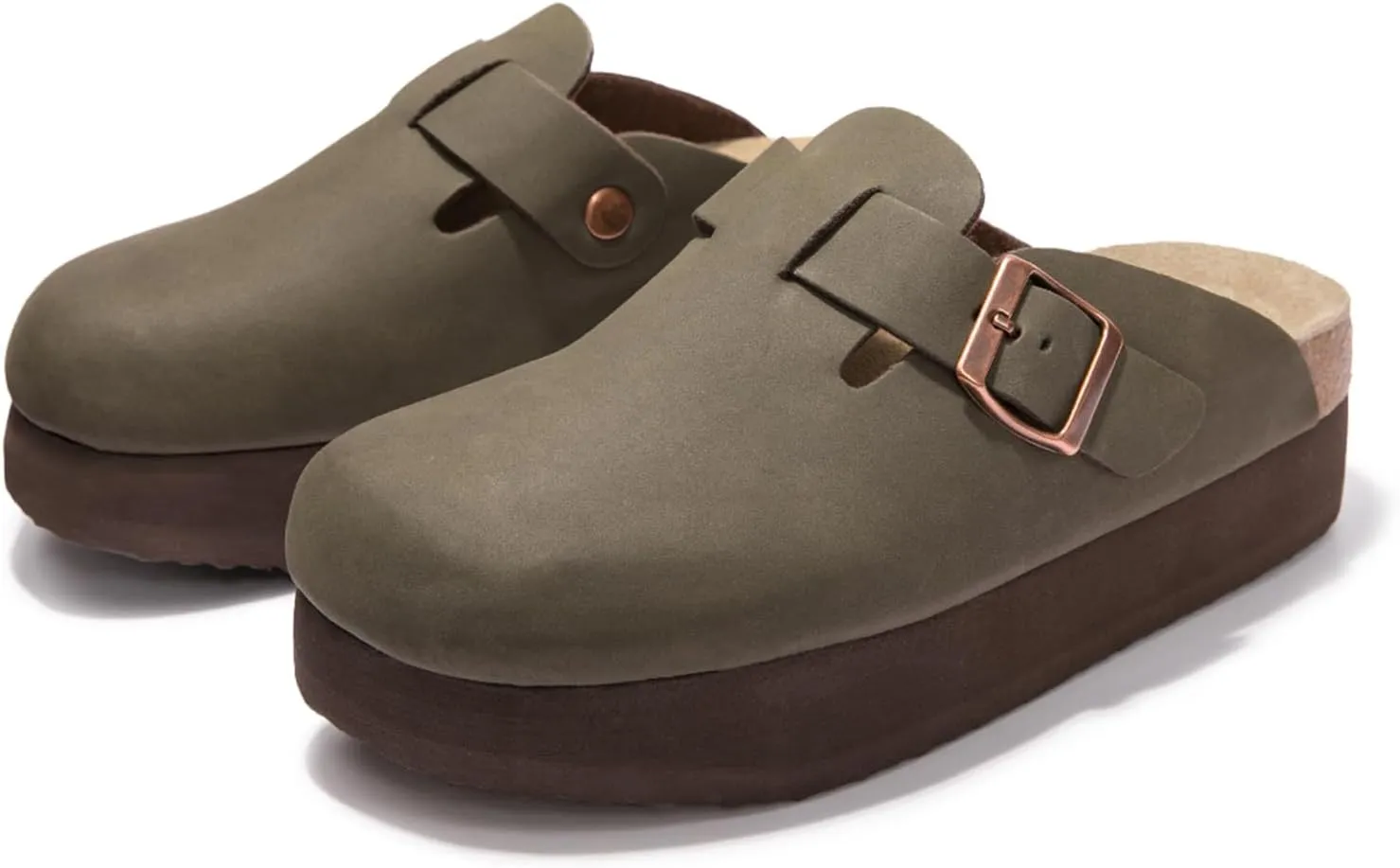 Women's Suede Clogs Cork Footbed Sandals Comfort Platform Mules with Arch Support Adjustable Buckle Slip On Slippers