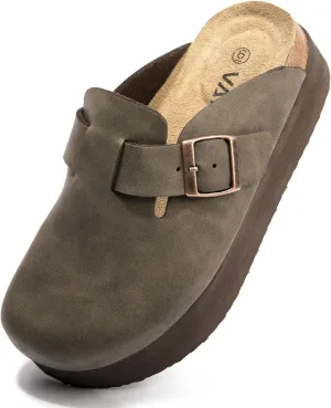 Women's Suede Clogs Cork Footbed Sandals Comfort Platform Mules with Arch Support Adjustable Buckle Slip On Slippers