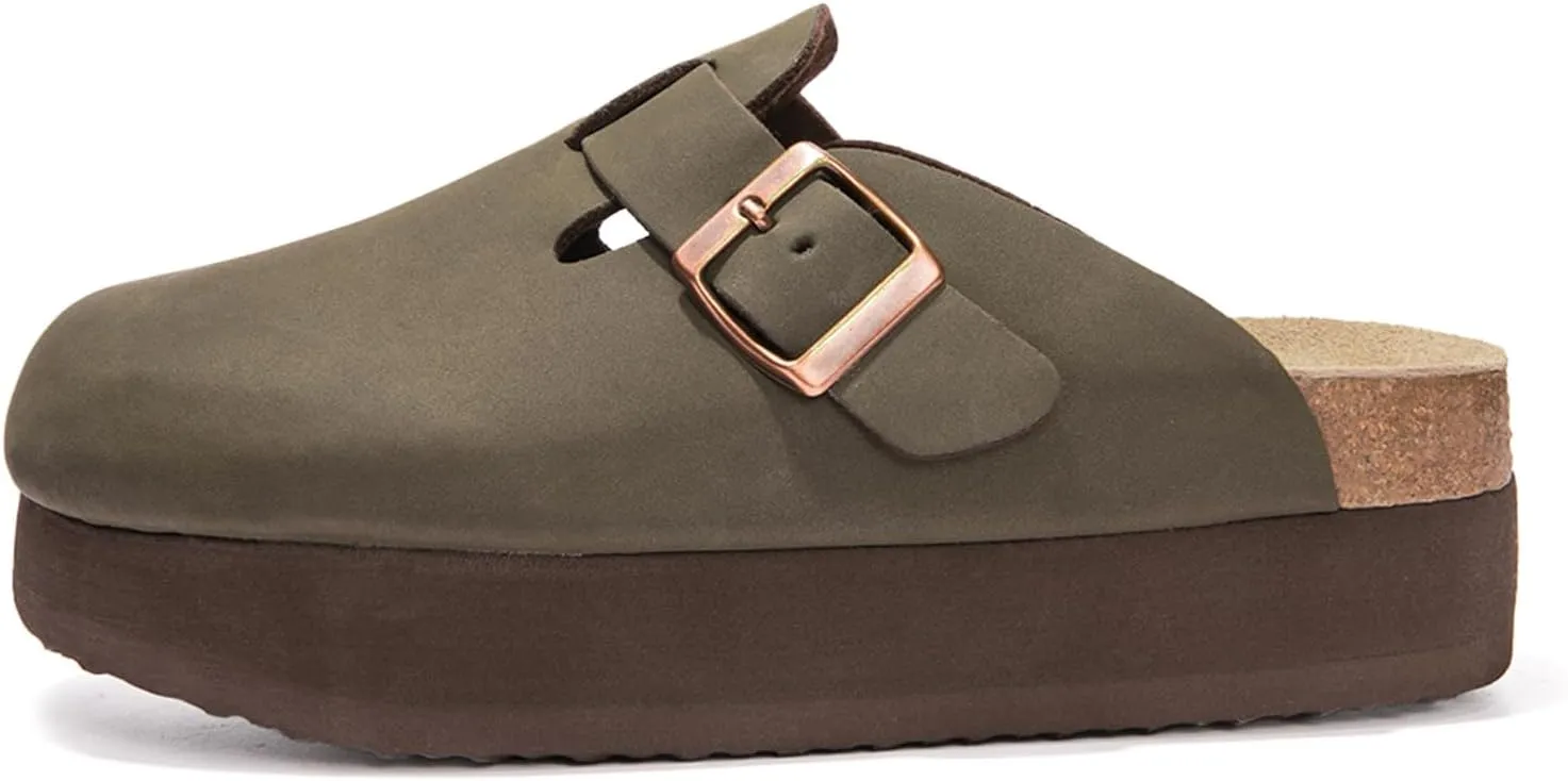 Women's Suede Clogs Cork Footbed Sandals Comfort Platform Mules with Arch Support Adjustable Buckle Slip On Slippers