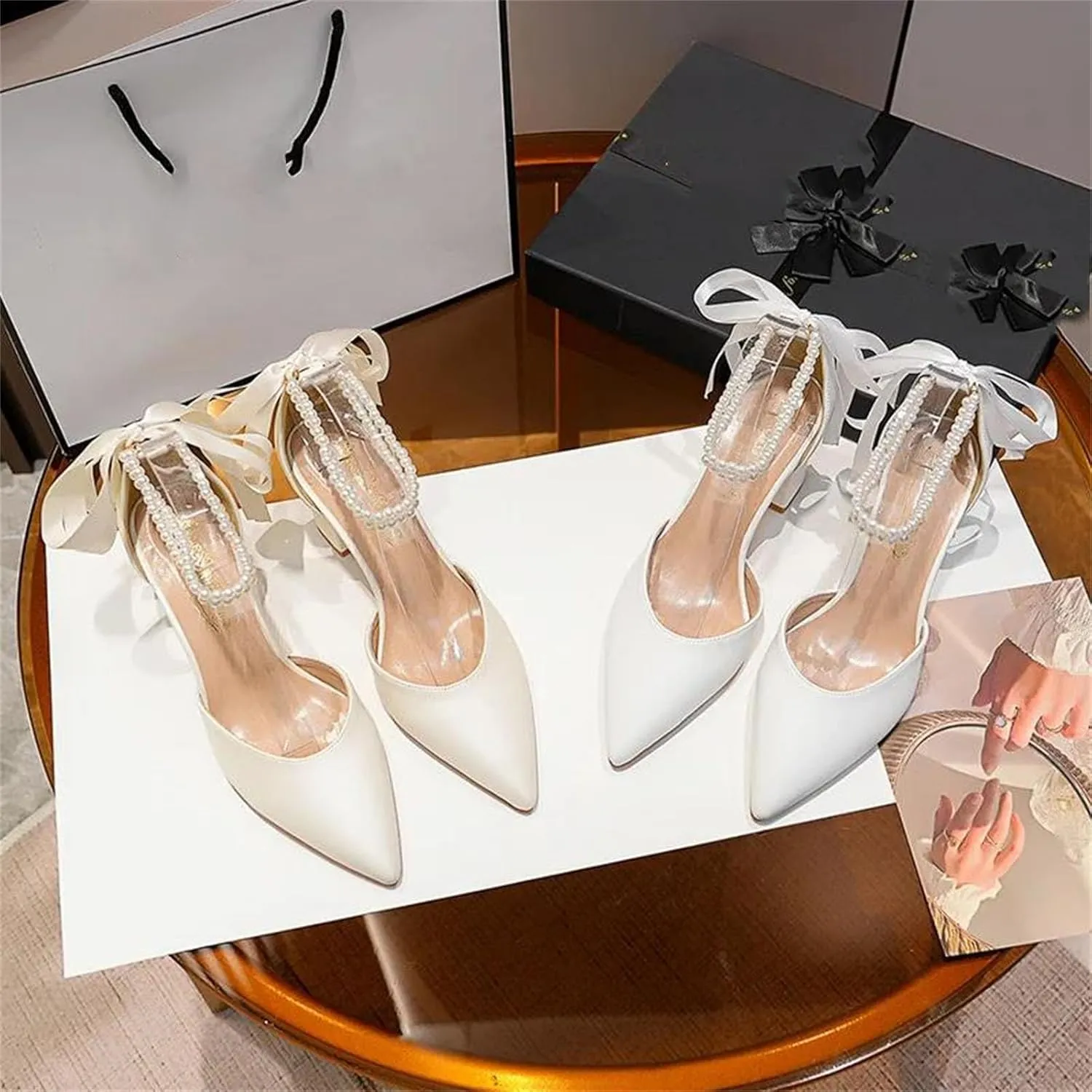 Women's Thick Heels High Heels, Pointed Pearl Chain Ribbon Bow Tie Ivory White Wedding Shoes