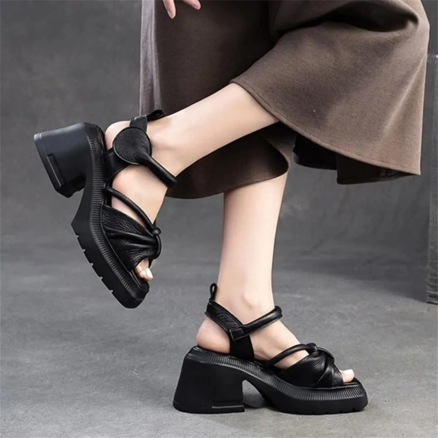 Women's Thick Sole Sandals, Mixed Color Leather Summer Comfort