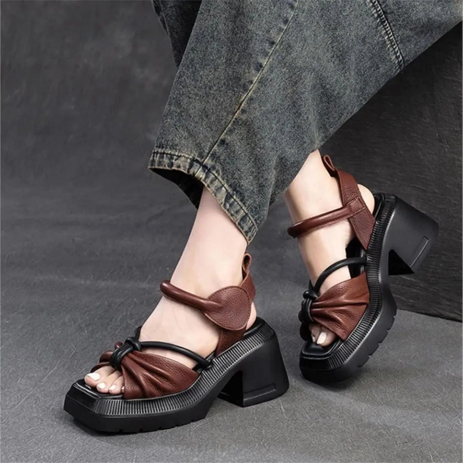 Women's Thick Sole Sandals, Mixed Color Leather Summer Comfort