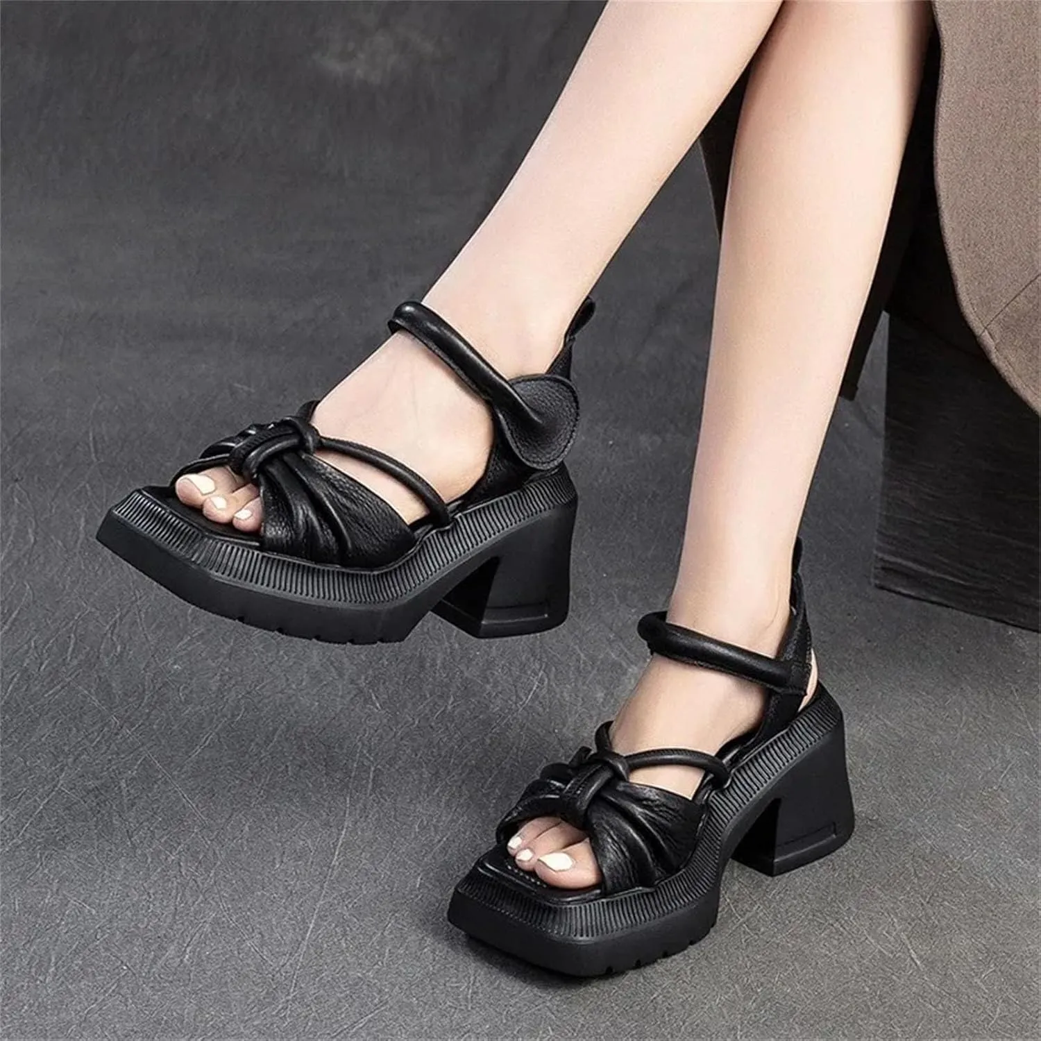 Women's Thick Sole Sandals, Mixed Color Leather Summer Comfort