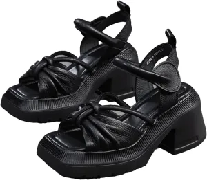 Women's Thick Sole Sandals, Mixed Color Leather Summer Comfort