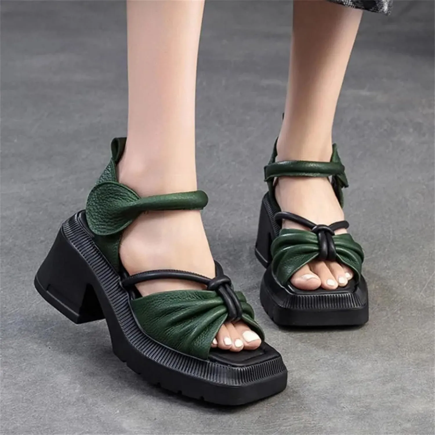Women's Thick Sole Sandals, Mixed Color Leather Summer Comfort