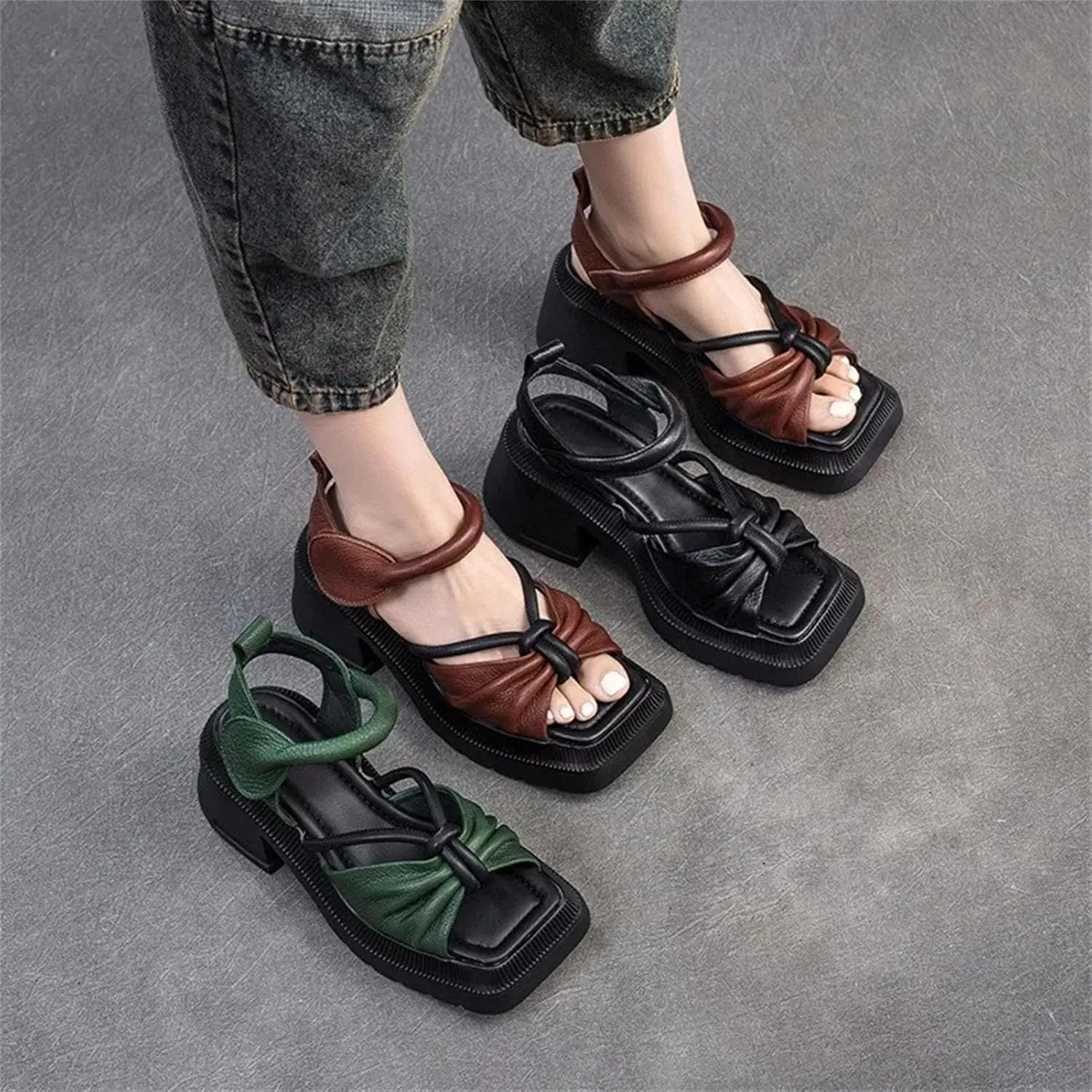 Women's Thick Sole Sandals, Mixed Color Leather Summer Comfort