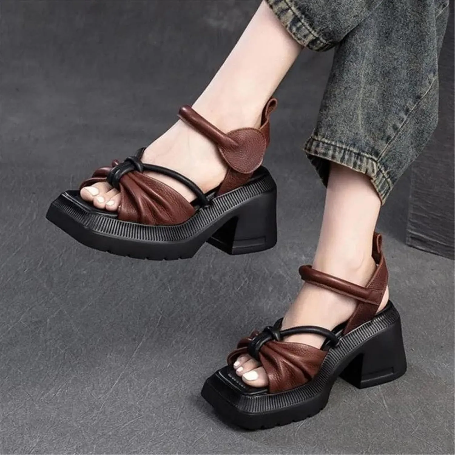 Women's Thick Sole Sandals, Mixed Color Leather Summer Comfort