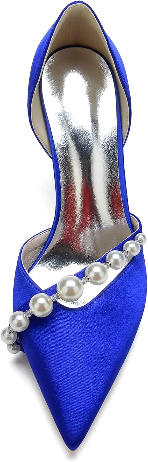 Women's Wedding Bridal Pointed Toe Closed Toe Bridal Shoes Satin Wedding Shoes for Bride Dress Shoes Pumps with Heels Stiletto Pearl Heeled Sandals