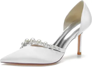 Women's Wedding Bridal Pointed Toe Closed Toe Bridal Shoes Satin Wedding Shoes for Bride Dress Shoes Pumps with Heels Stiletto Pearl Heeled Sandals