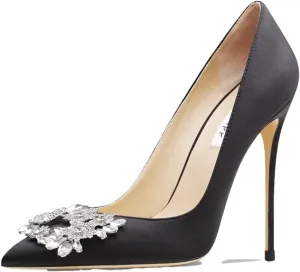 Women's Wedding Rhinestone Heels, White Pointed Toe Bridal Pumps