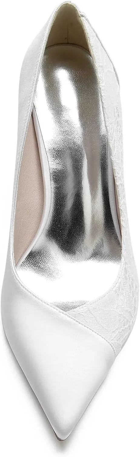 Women's Wedding Shoes High Heels Satin Bridal Shoes with Stitching Lace Heeled for Bride Closed Toe Pointed Toe Stiletto Heel Sandals for Women Pumps