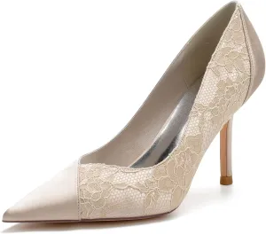 Women's Wedding Shoes High Heels Satin Bridal Shoes with Stitching Lace Heeled for Bride Closed Toe Pointed Toe Stiletto Heel Sandals for Women Pumps