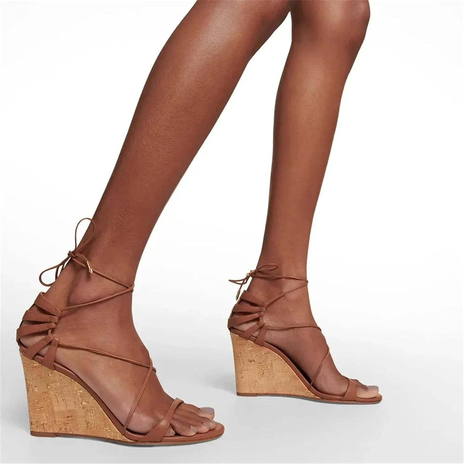 Women's Wedge Peep Toe Sandals, Strappy Lace-Up Summer Casual