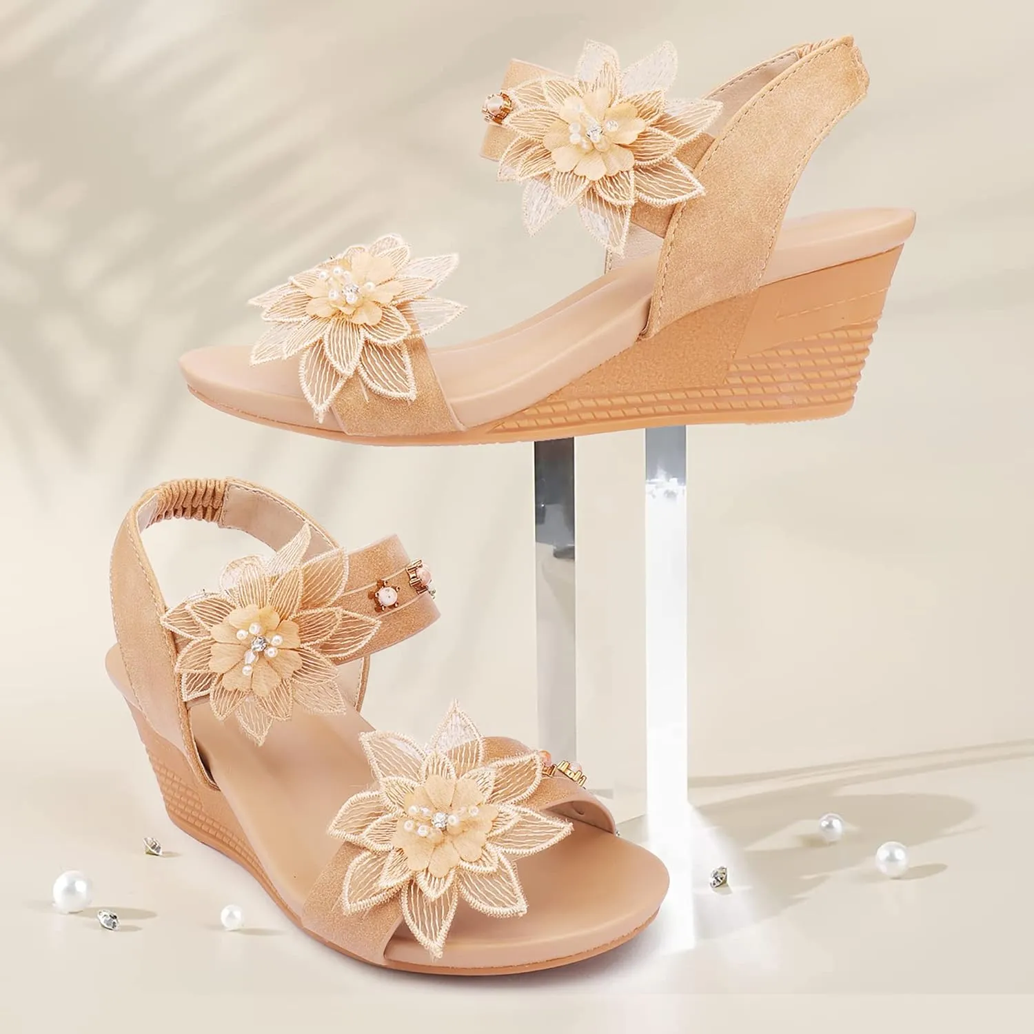 Womens Wedge Sandals Elastic Ankle Straps Open Toe Elegant Thick Soles Comfortable Dream Pairs