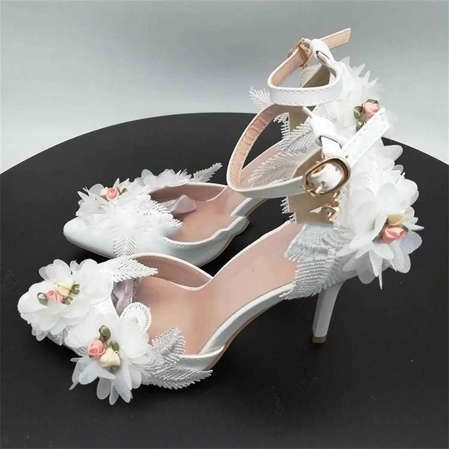 Women's White Flower Wedding Pumps, Concise Applique Stiletto Summer Heels