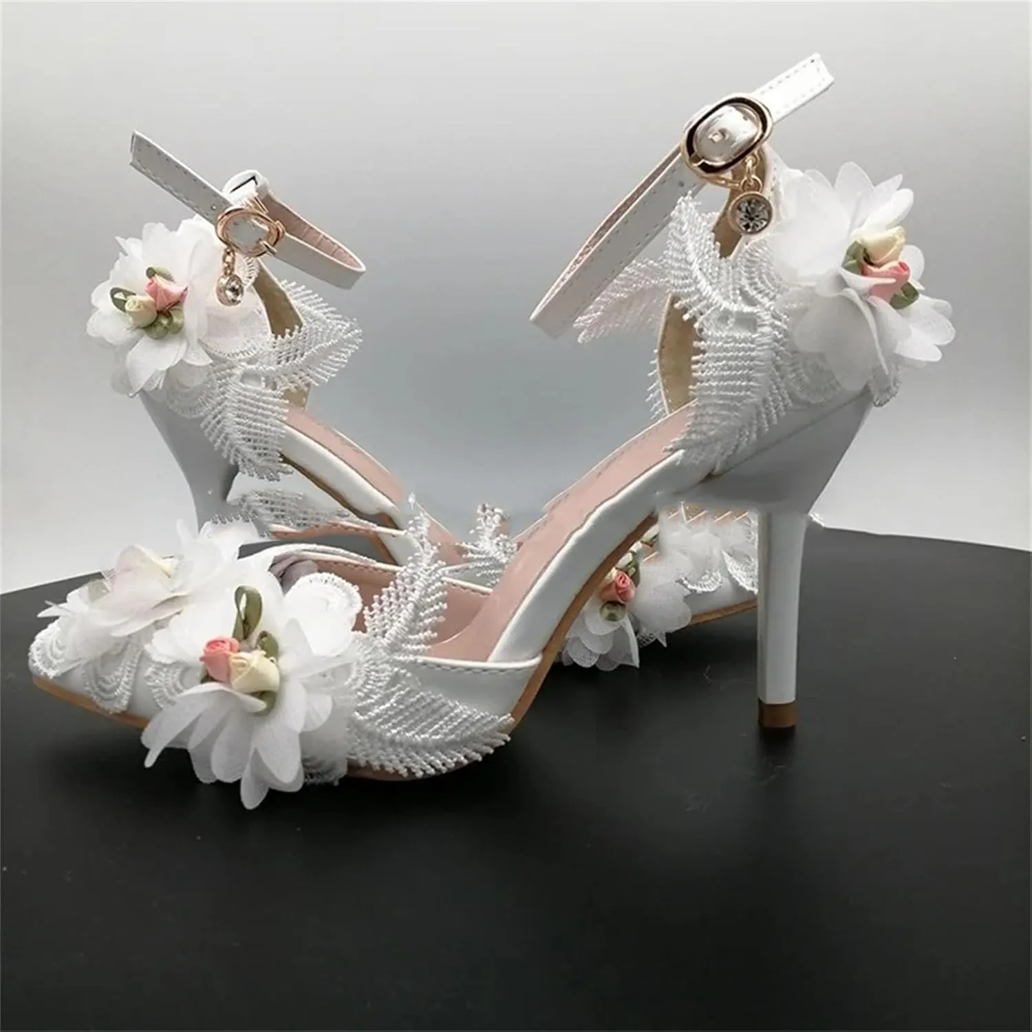 Women's White Flower Wedding Pumps, Concise Applique Stiletto Summer Heels