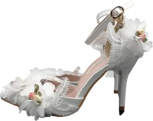 Women's White Flower Wedding Pumps, Concise Applique Stiletto Summer Heels