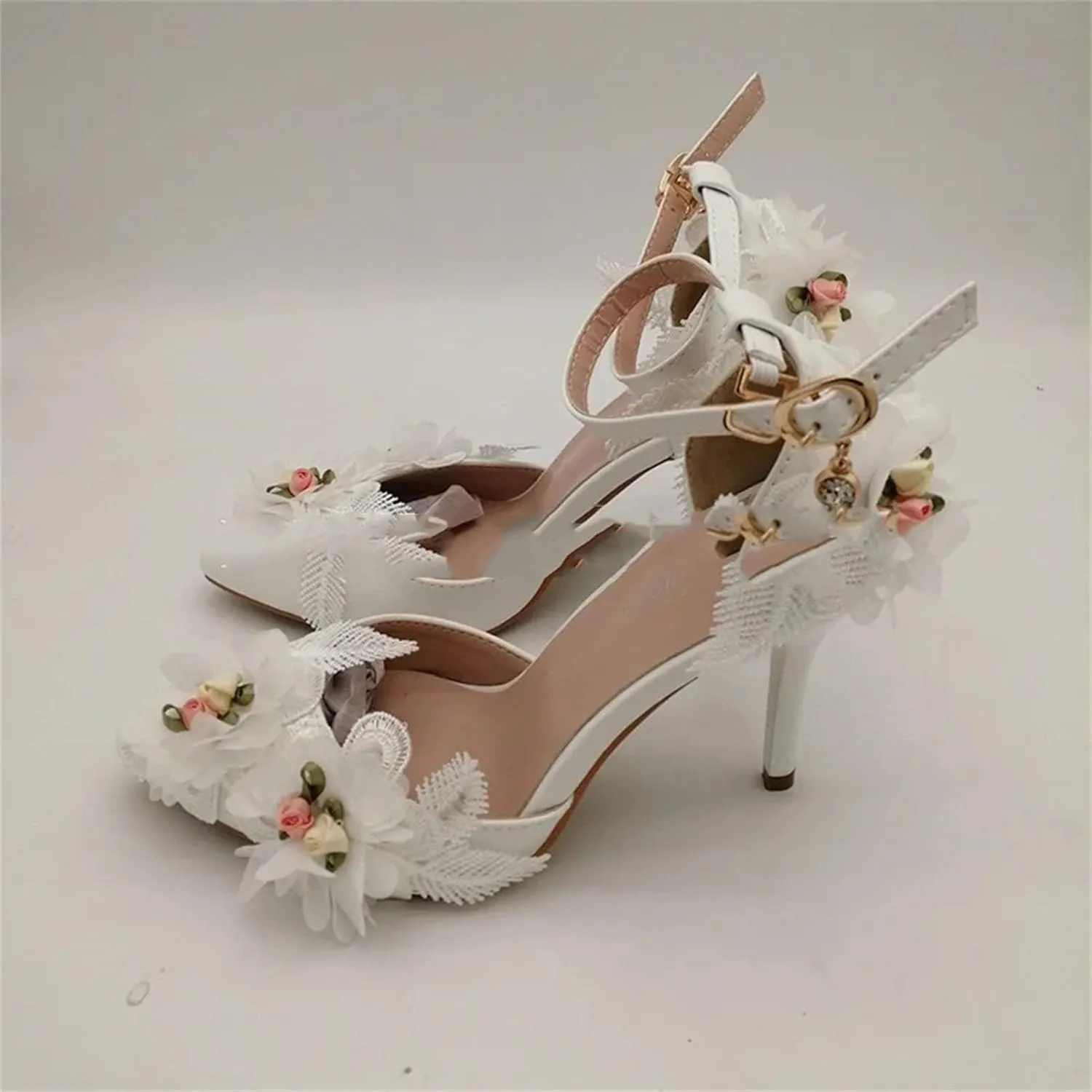 Women's White Flower Wedding Pumps, Concise Applique Stiletto Summer Heels