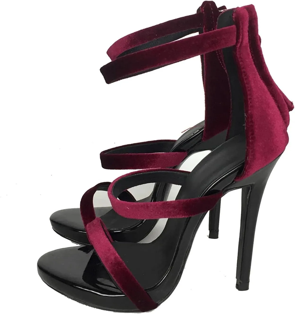 Women's Wine Red Stiletto Sandals, Open Toe Back Zipper Party Heels
