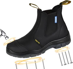 Work Boots for Men, Steel Toe, Puncture-Resistant, Pull on Chelsea Leather Safety Boots, US Size 7-15