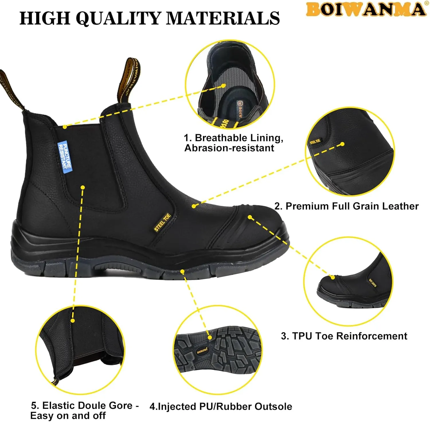 Work Boots for Men, Steel Toe, Puncture-Resistant, Pull on Chelsea Leather Safety Boots, US Size 7-15