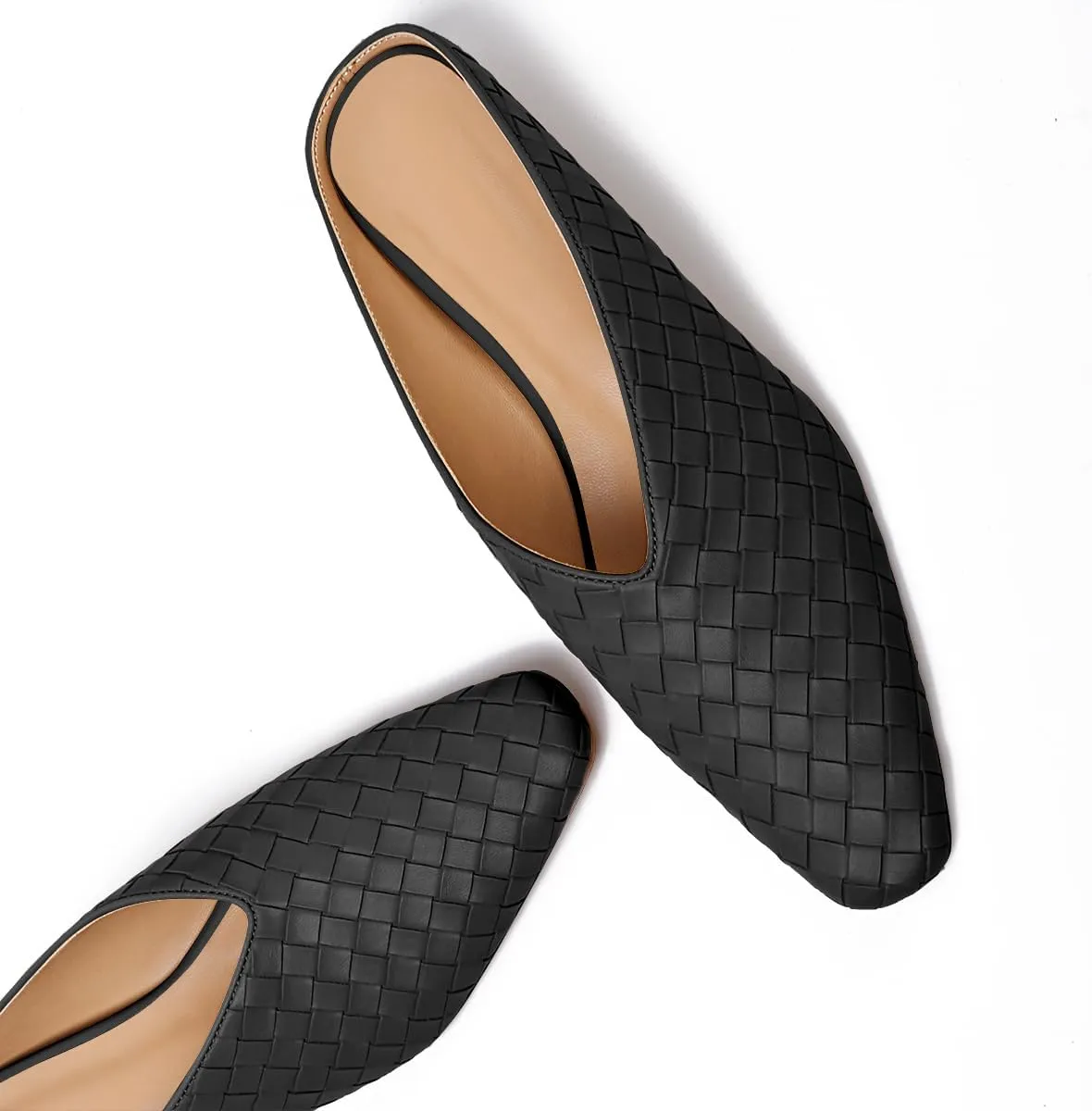 Woven Mules for Women Metallic Leather Slides Ladies Trendy Comfortable Square Toe Hidden Wedge Heels