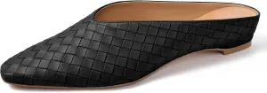 Woven Mules for Women Metallic Leather Slides Ladies Trendy Comfortable Square Toe Hidden Wedge Heels