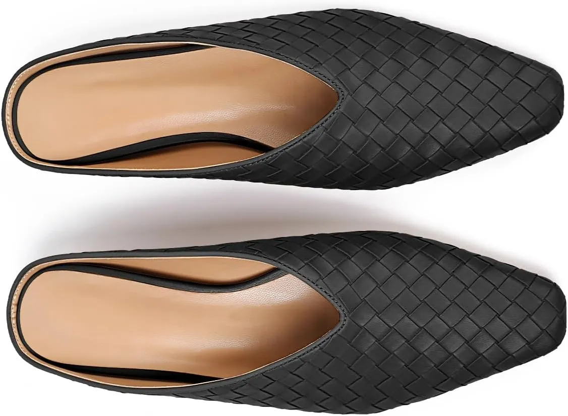 Woven Mules for Women Metallic Leather Slides Ladies Trendy Comfortable Square Toe Hidden Wedge Heels