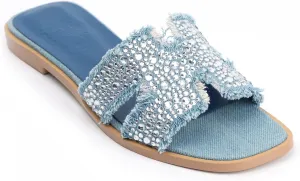 XOBZJH Evening Dress Shoes Rhinestone H-Brand Black Flat Sandals for Women 2025,Designer Luxury Crystals Slides Sandals for Wedding Party Slippers Footwear