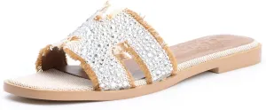 XOBZJH Evening Dress Shoes Rhinestone H-Brand Black Flat Sandals for Women 2025,Designer Luxury Crystals Slides Sandals for Wedding Party Slippers Footwear