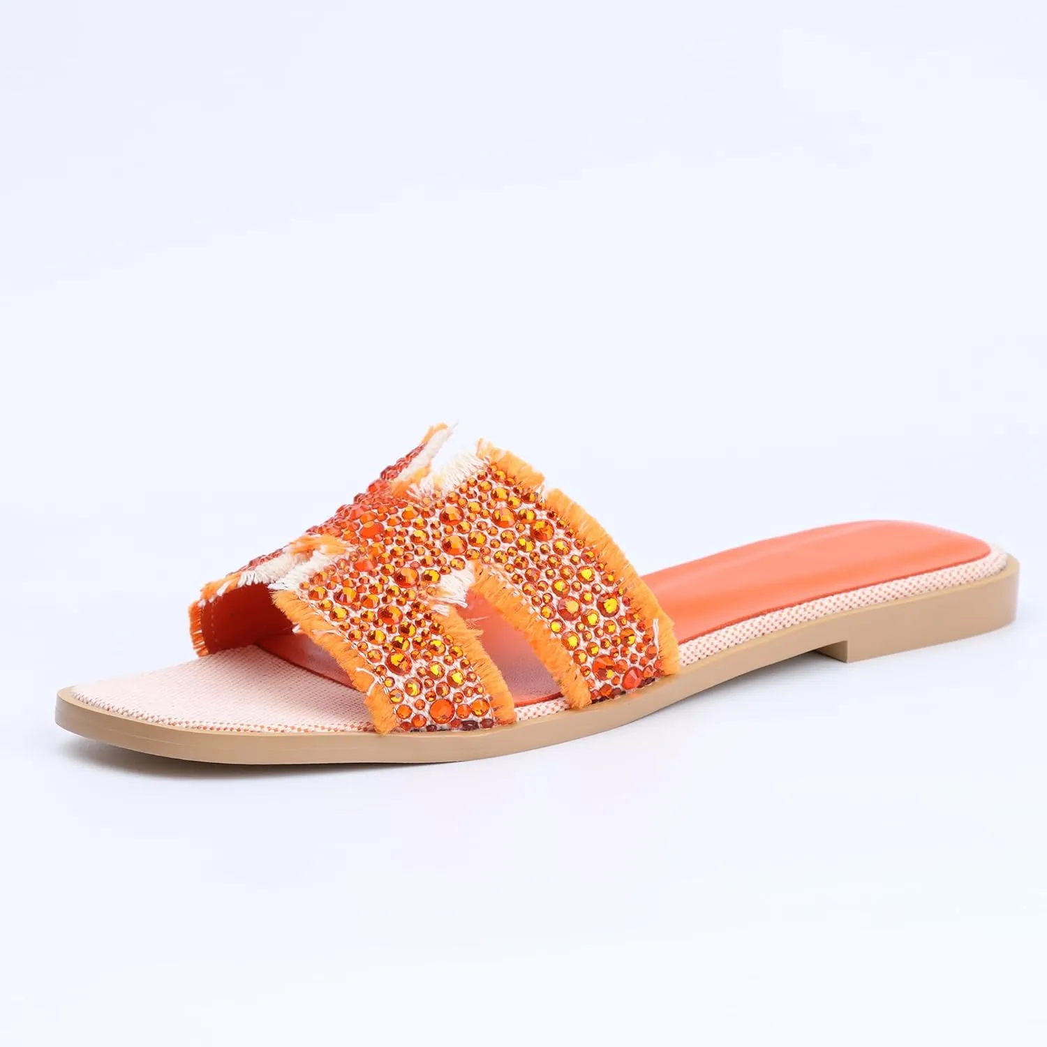 XOBZJH Evening Dress Shoes Rhinestone H-Brand Black Flat Sandals for Women 2025,Designer Luxury Crystals Slides Sandals for Wedding Party Slippers Footwear