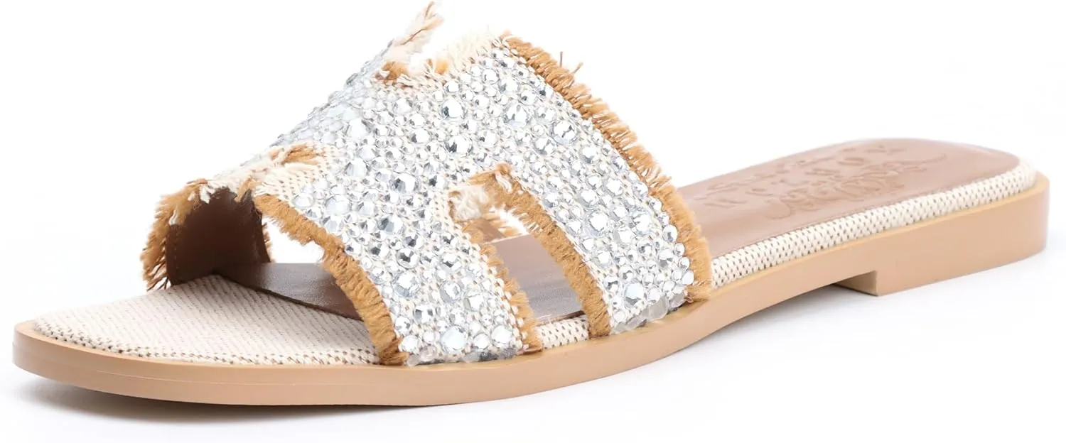 XOBZJH Evening Dress Shoes Rhinestone H-Brand Black Flat Sandals for Women 2025,Designer Luxury Crystals Slides Sandals for Wedding Party Slippers Footwear