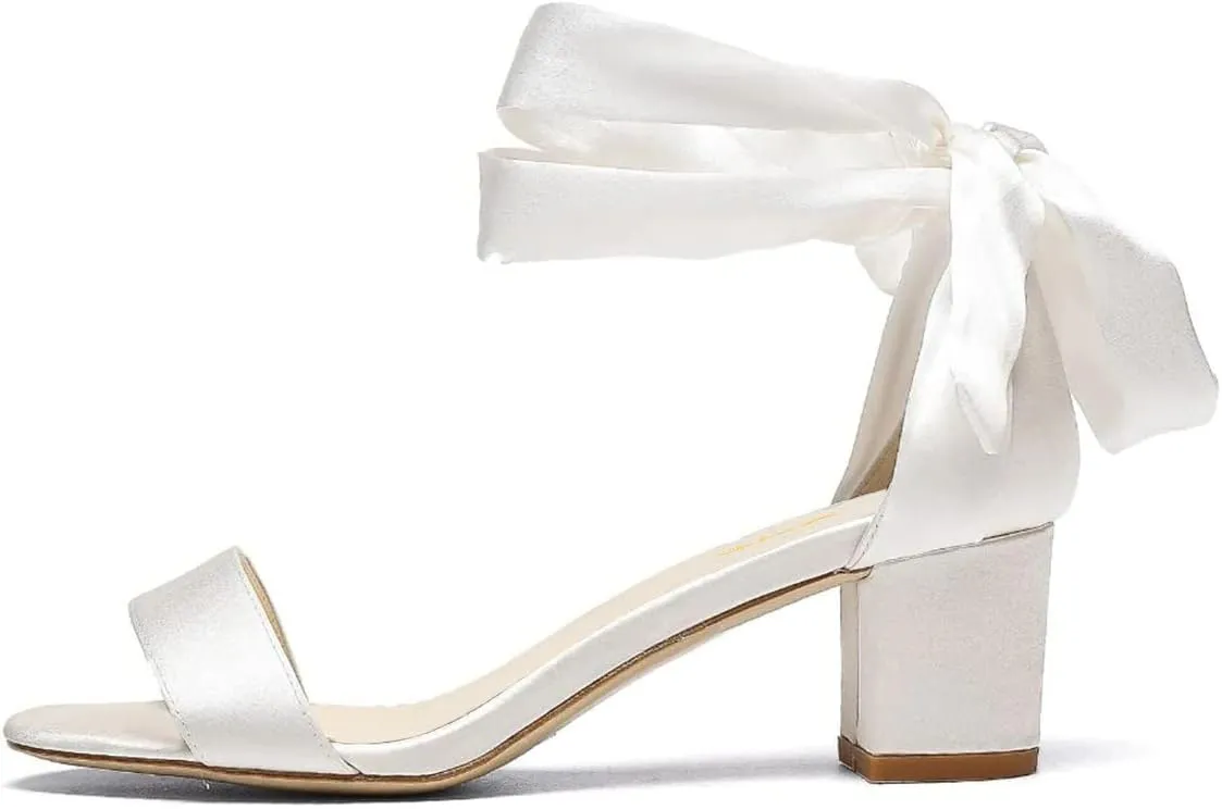 XYD Women Girls Open Toe Strappy Low Block Heel Sandal Pumps Ribbon Ankle Strap Lace Wedding Dress Evening Shoes