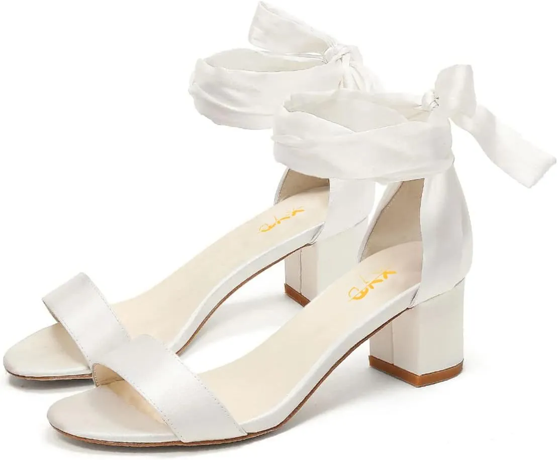 XYD Women Girls Open Toe Strappy Low Block Heel Sandal Pumps Ribbon Ankle Strap Lace Wedding Dress Evening Shoes
