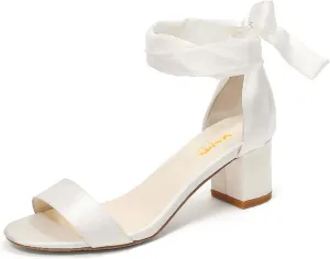 XYD Women Girls Open Toe Strappy Low Block Heel Sandal Pumps Ribbon Ankle Strap Lace Wedding Dress Evening Shoes