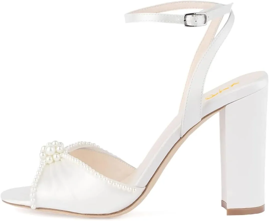 XYD Women Open Toe Pearl Wedding Shoes Block Heel Sandals Ankle Strappy Elegant Brides Party Pumps