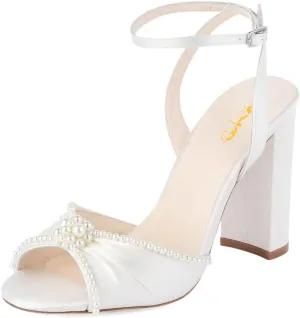 XYD Women Open Toe Pearl Wedding Shoes Block Heel Sandals Ankle Strappy Elegant Brides Party Pumps