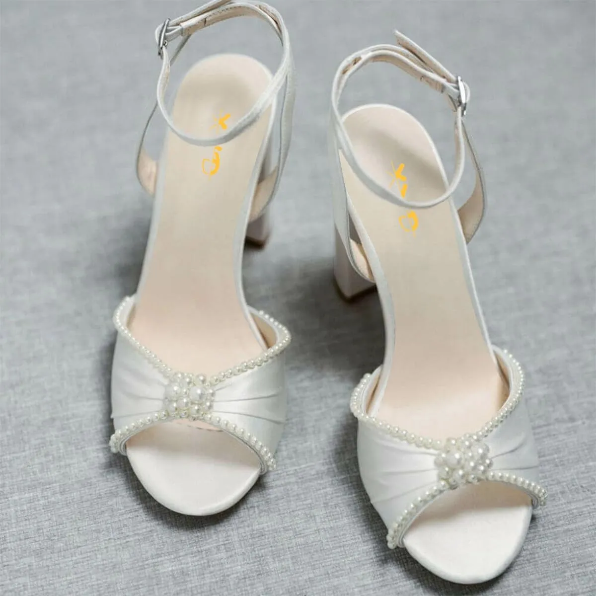 XYD Women Open Toe Pearl Wedding Shoes Block Heel Sandals Ankle Strappy Elegant Brides Party Pumps