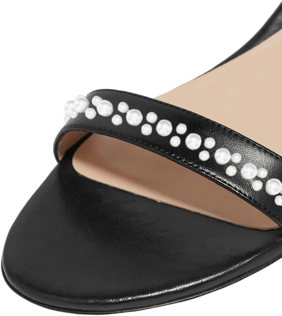 XYD Women Pearls Open Toe Strappy Low Block Heel Sandal Flats Ankle Strap with Buckle Wedding Bridal Dress Shoes