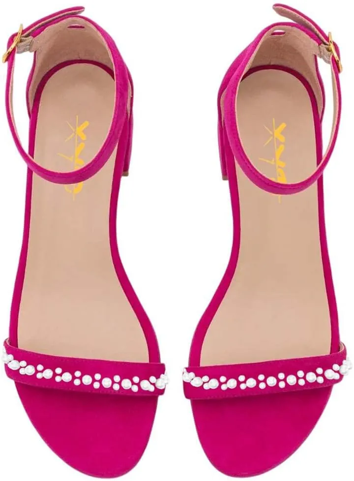 XYD Women Pearls Open Toe Strappy Low Block Heel Sandal Flats Ankle Strap with Buckle Wedding Bridal Dress Shoes