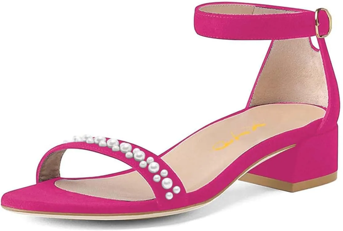 XYD Women Pearls Open Toe Strappy Low Block Heel Sandal Flats Ankle Strap with Buckle Wedding Bridal Dress Shoes