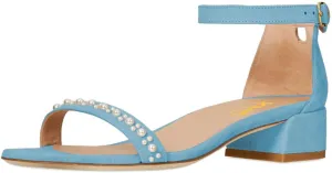 XYD Women Pearls Open Toe Strappy Low Block Heel Sandal Flats Ankle Strap with Buckle Wedding Bridal Dress Shoes