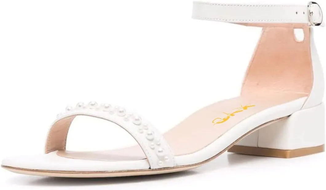 XYD Women Pearls Open Toe Strappy Low Block Heel Sandal Flats Ankle Strap with Buckle Wedding Bridal Dress Shoes
