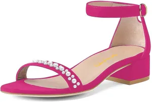 XYD Women Pearls Open Toe Strappy Low Block Heel Sandal Flats Ankle Strap with Buckle Wedding Bridal Dress Shoes