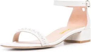 XYD Women Pearls Open Toe Strappy Low Block Heel Sandal Flats Ankle Strap with Buckle Wedding Bridal Dress Shoes