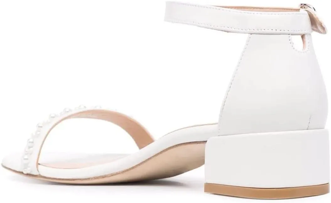 XYD Women Pearls Open Toe Strappy Low Block Heel Sandal Flats Ankle Strap with Buckle Wedding Bridal Dress Shoes