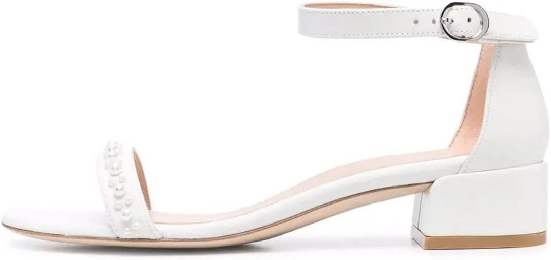 XYD Women Pearls Open Toe Strappy Low Block Heel Sandal Flats Ankle Strap with Buckle Wedding Bridal Dress Shoes