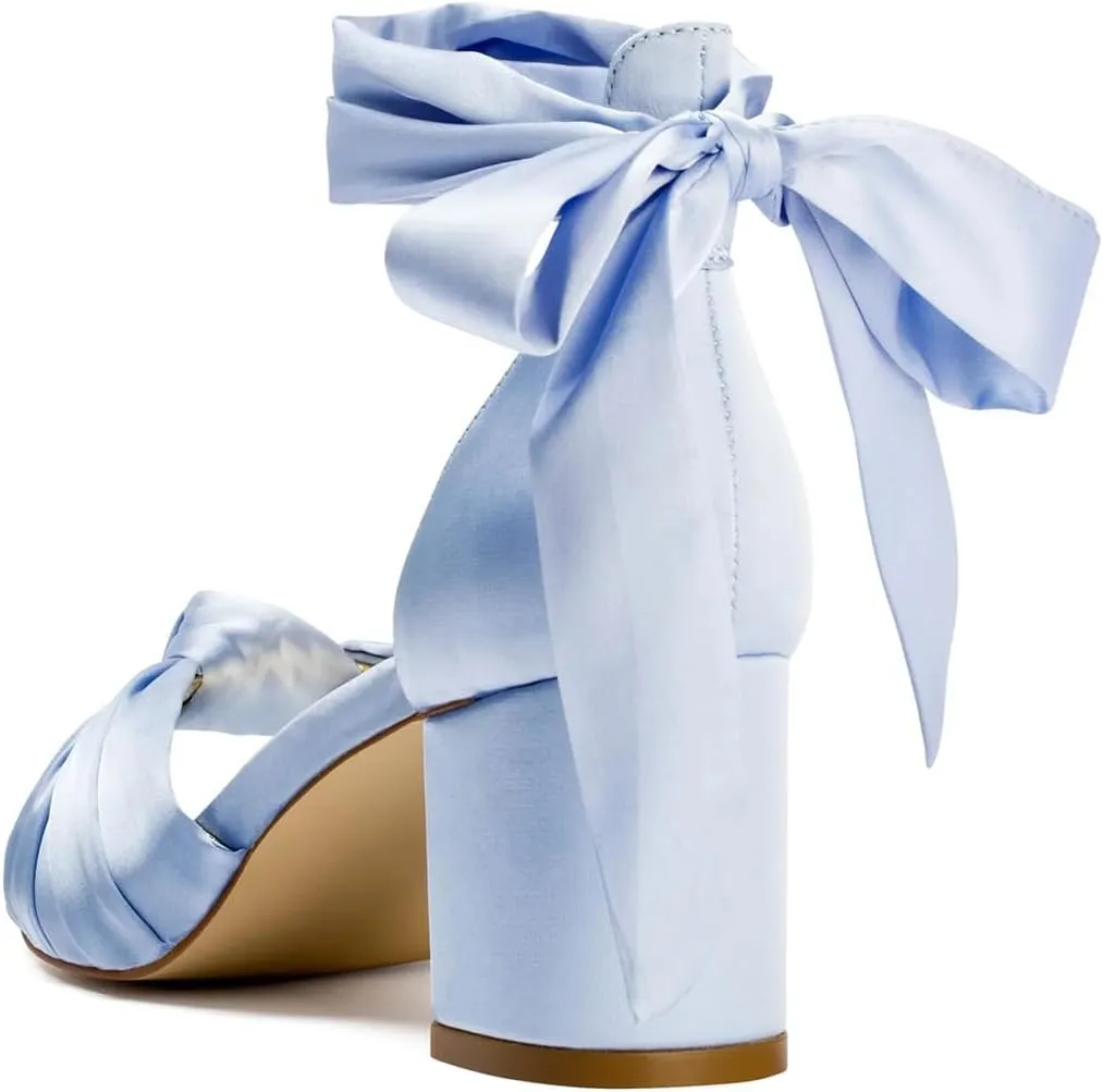 XYD Women Satin Block Heel Dress Sandals Bowknot Open Toe Ankle Strap Tie-up Pumps Dating Wedding Summer Shoes