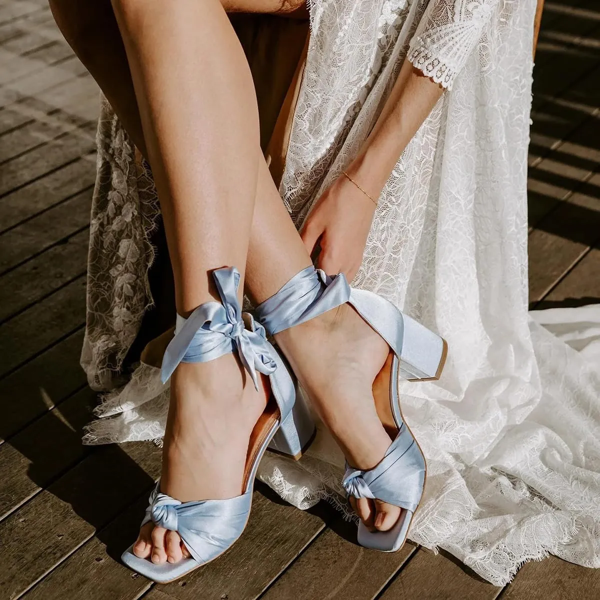 XYD Women Satin Block Heel Dress Sandals Bowknot Open Toe Ankle Strap Tie-up Pumps Dating Wedding Summer Shoes